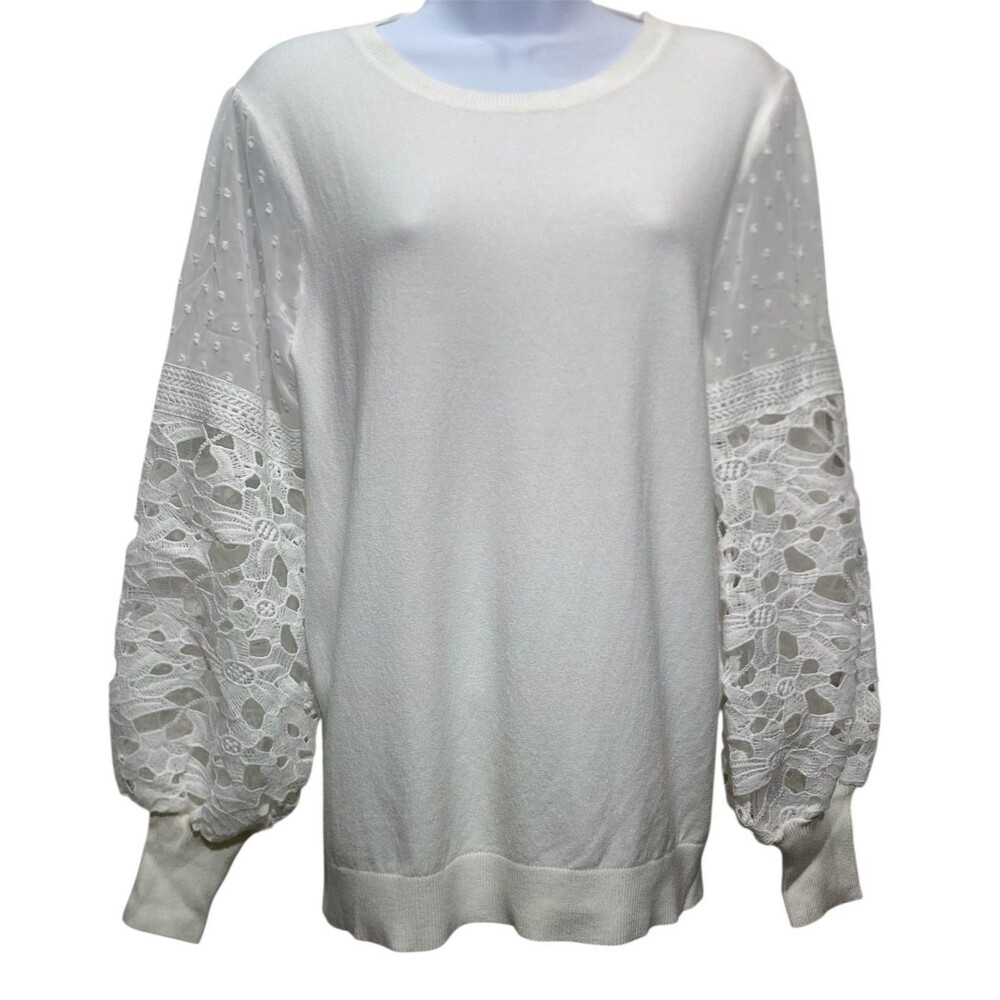 Sioni Milano Sweater Womens Medium Eggshell Lace Mesh Balloon Sleeve Pullover